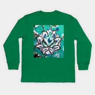 aqua green flower, flower design, floral designs, minimal art, abstract art, floral pattern, antique rug photo , For custom orders please DM me. Kids Long Sleeve T-Shirt